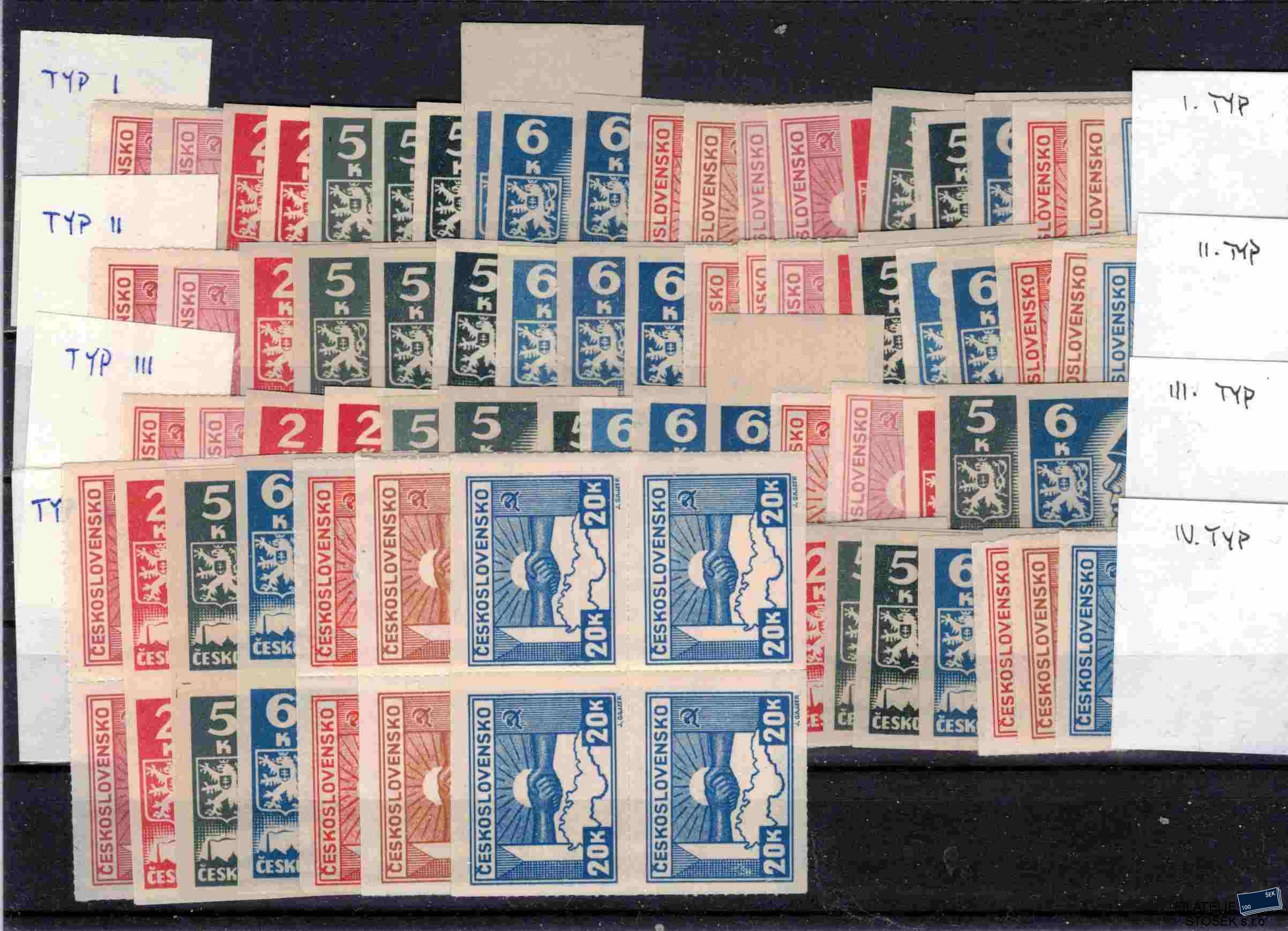 ČSSR známky 353-9 byrvy, typy, čtyřbloky - sestava známek na kartičce A5
