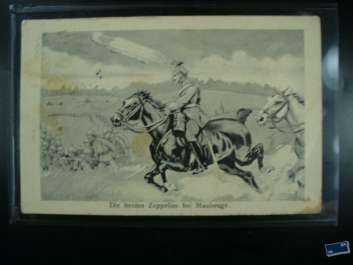 Vojenská pohlednice - Voják na koni - Zeppelin