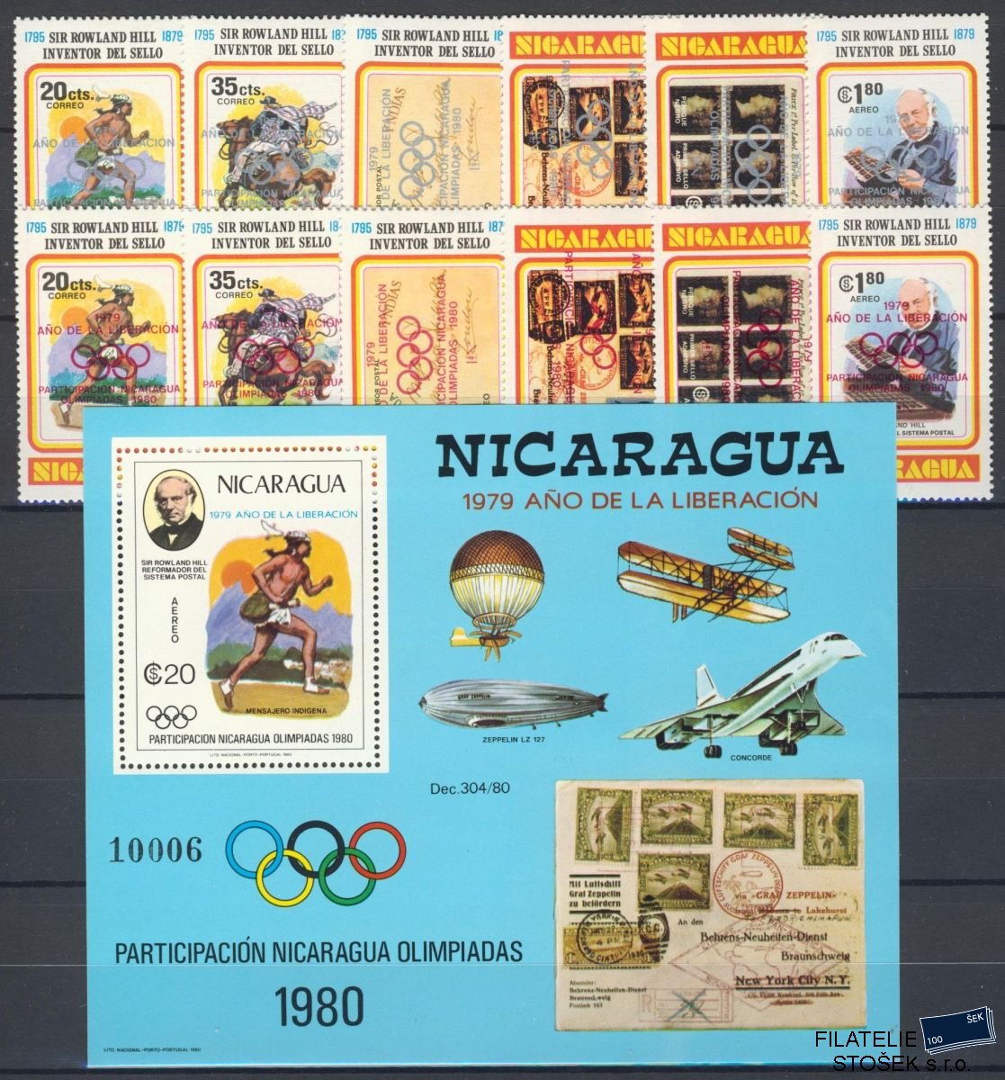 Nicaragua známky Mi 2085-90a+b+Bl.111 - Červený a stříbrný přetisk