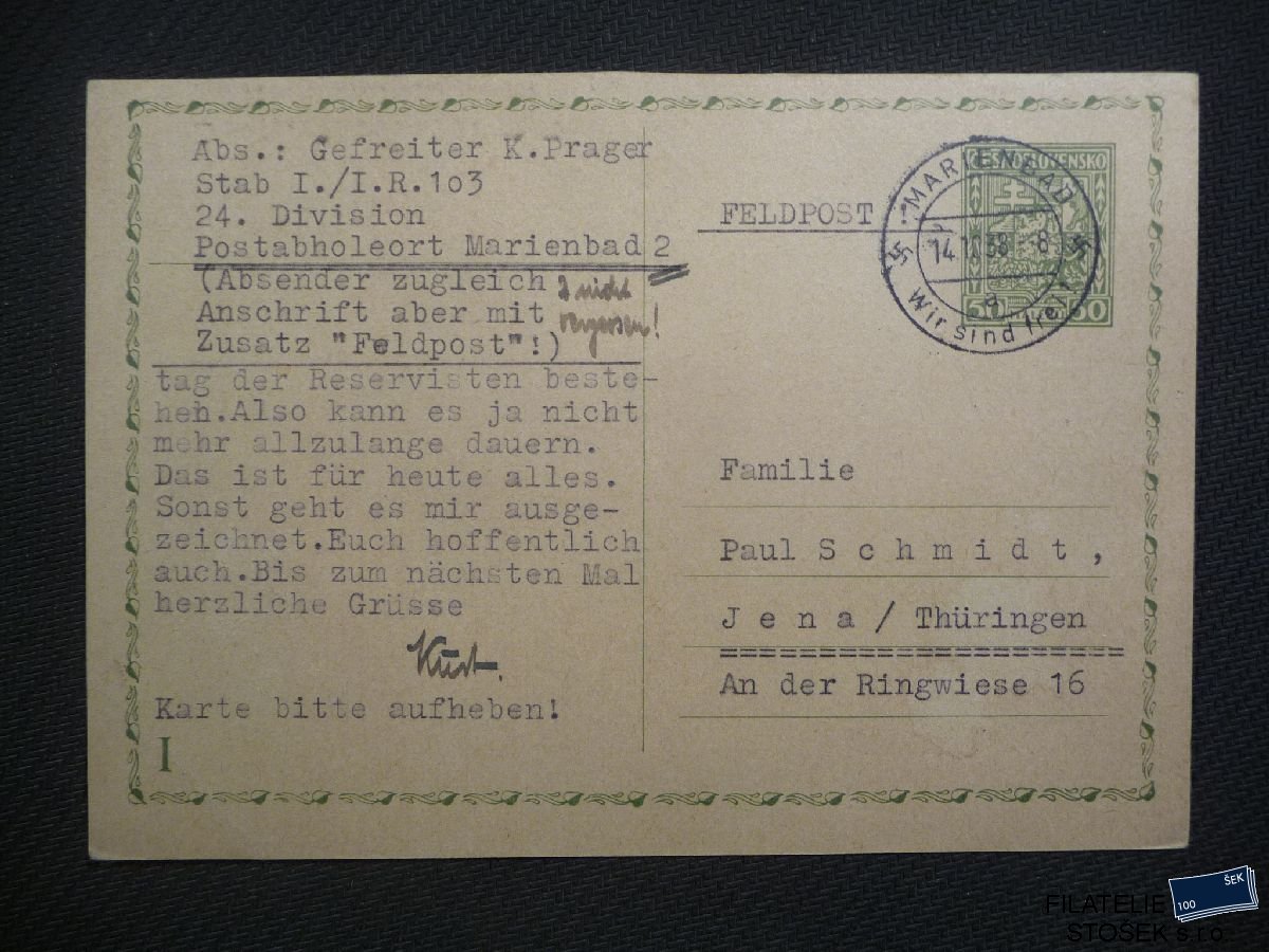 Protektorát celistvosti - CDV 50I - Zábor Sudety 1938 - Marienbad