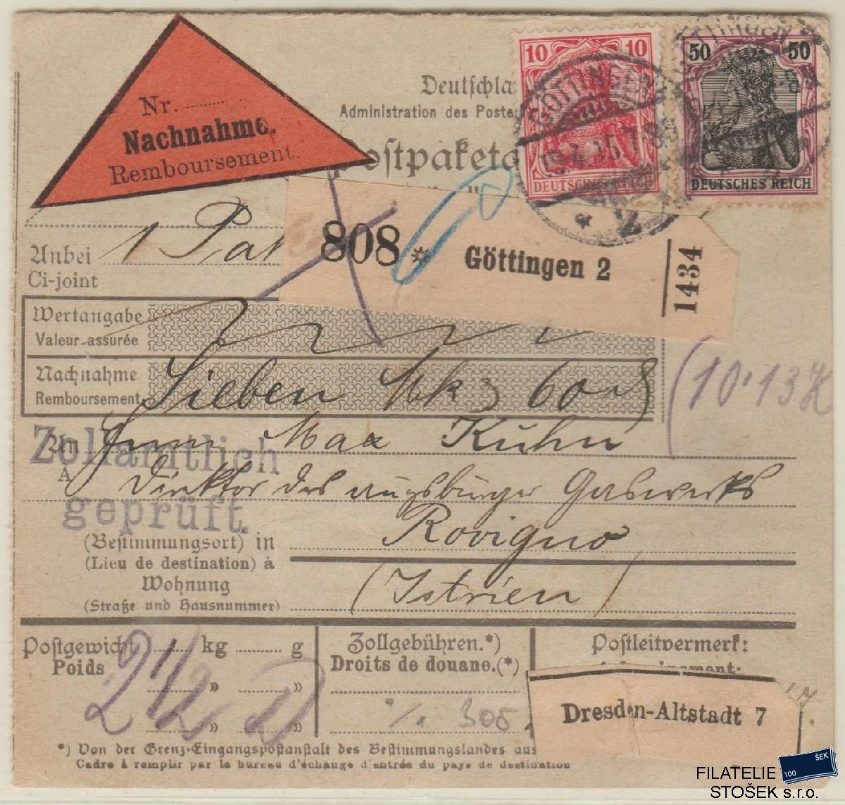 Deutsches Reich celistvost - Göttingen - Rovigno - Doplatek