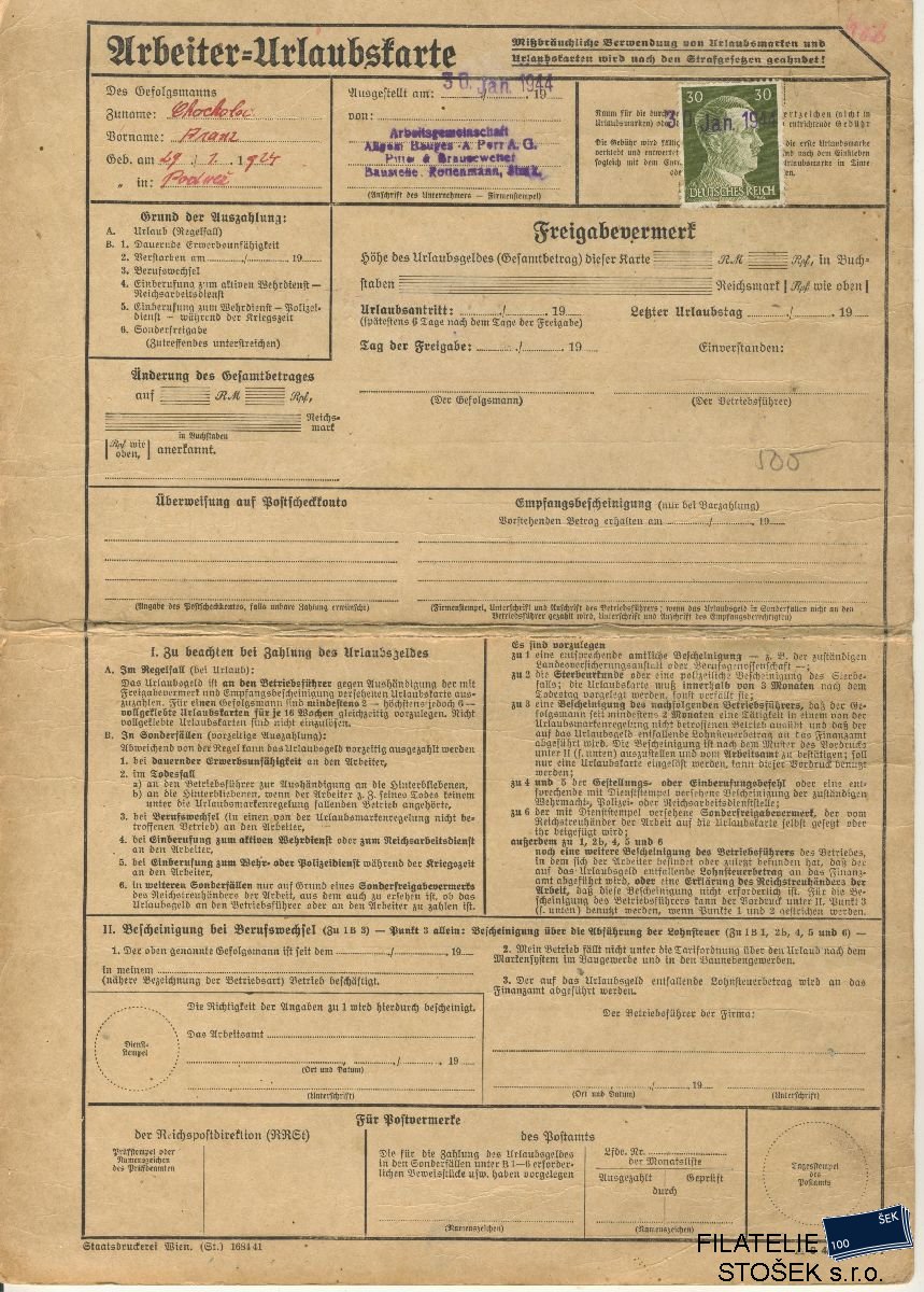Deutsches Reich celistvost - Podněž - Arbeitskarte