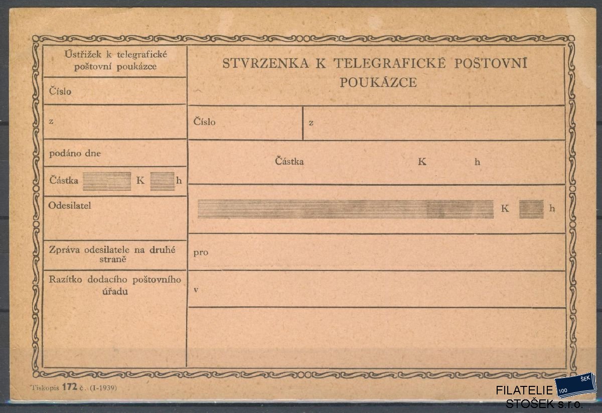 ČSR I celistvosti - Stvrzenka k telefrafické poštovní poukázce