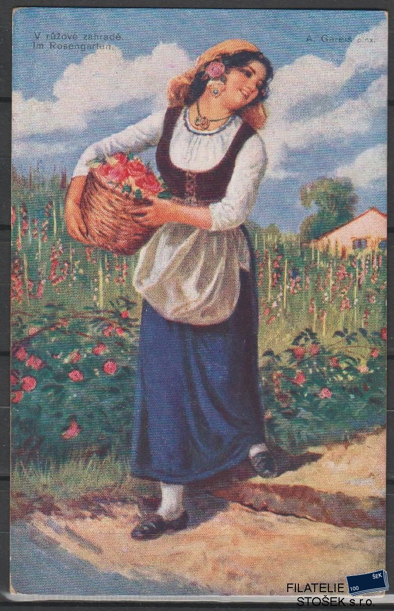 Námětová Pohlednice - Dívka v růžové zahradě