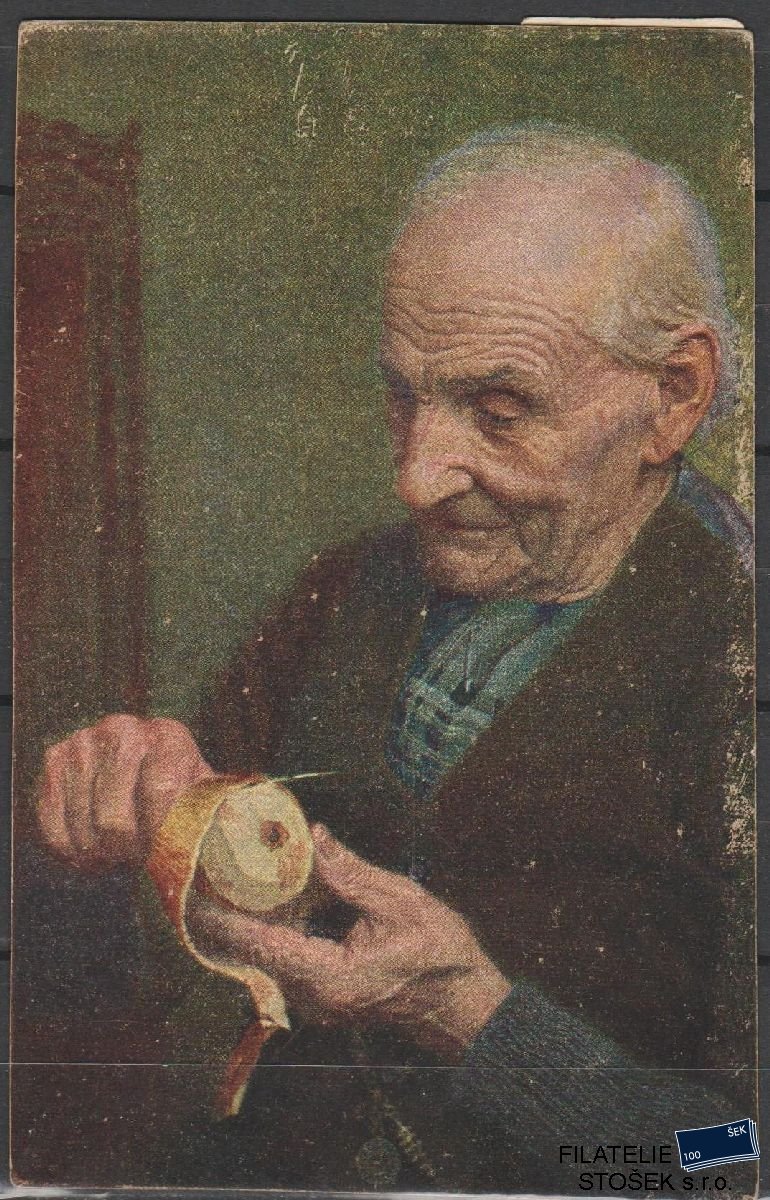 Námětová Pohlednice - Děda krájící si jablko