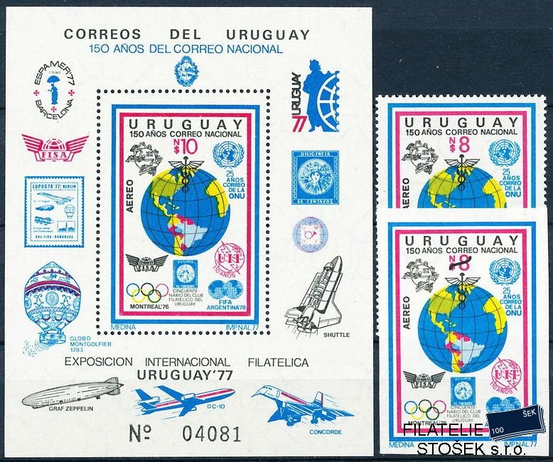 Uruguay známky Mi 1465A+B+Bl.35