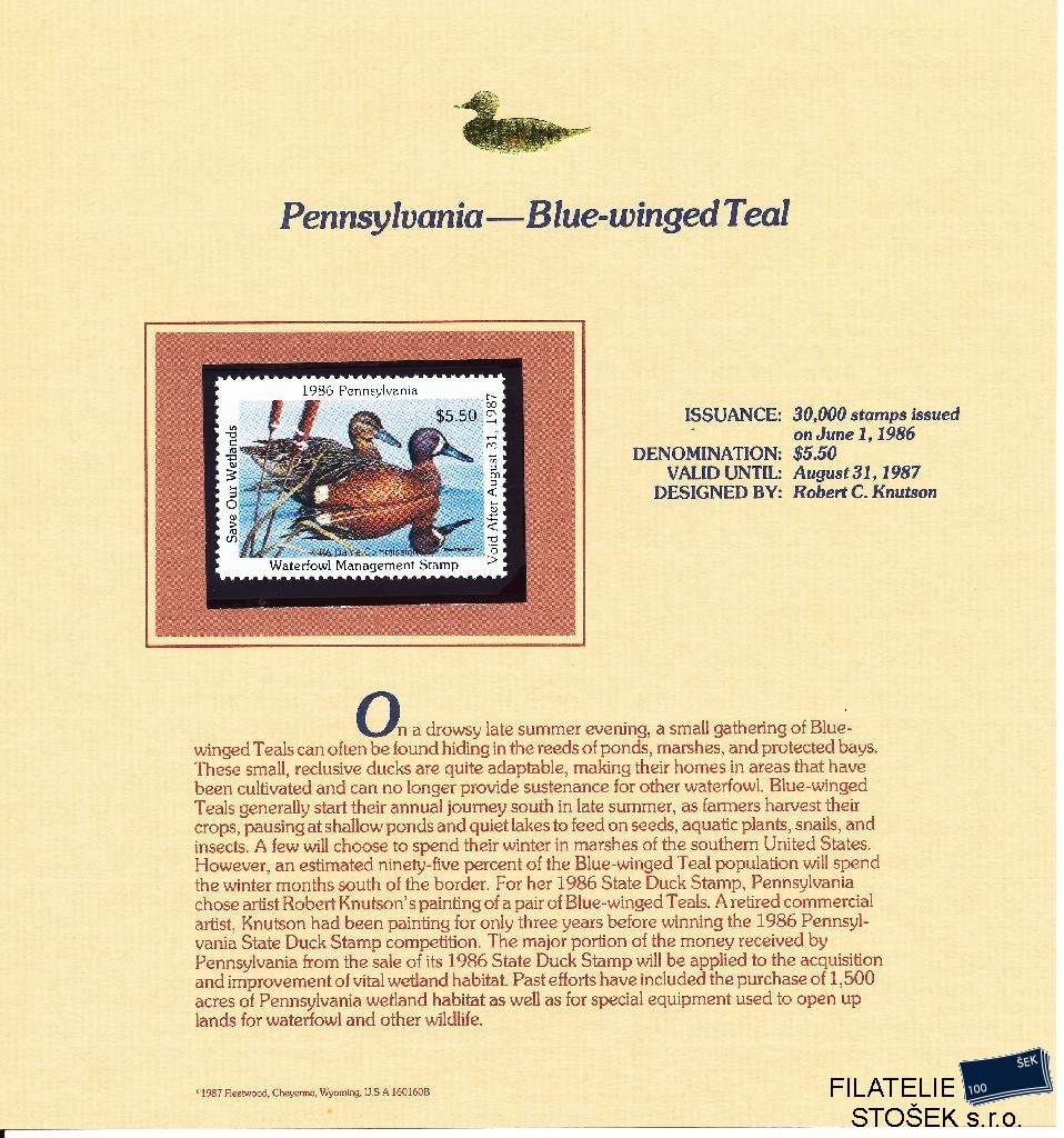 USA známky Pennsylvania - Blue-winged Teal