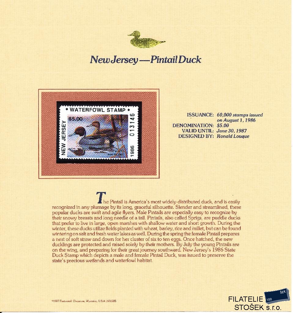 USA známky New Jersey - Pintail Duck