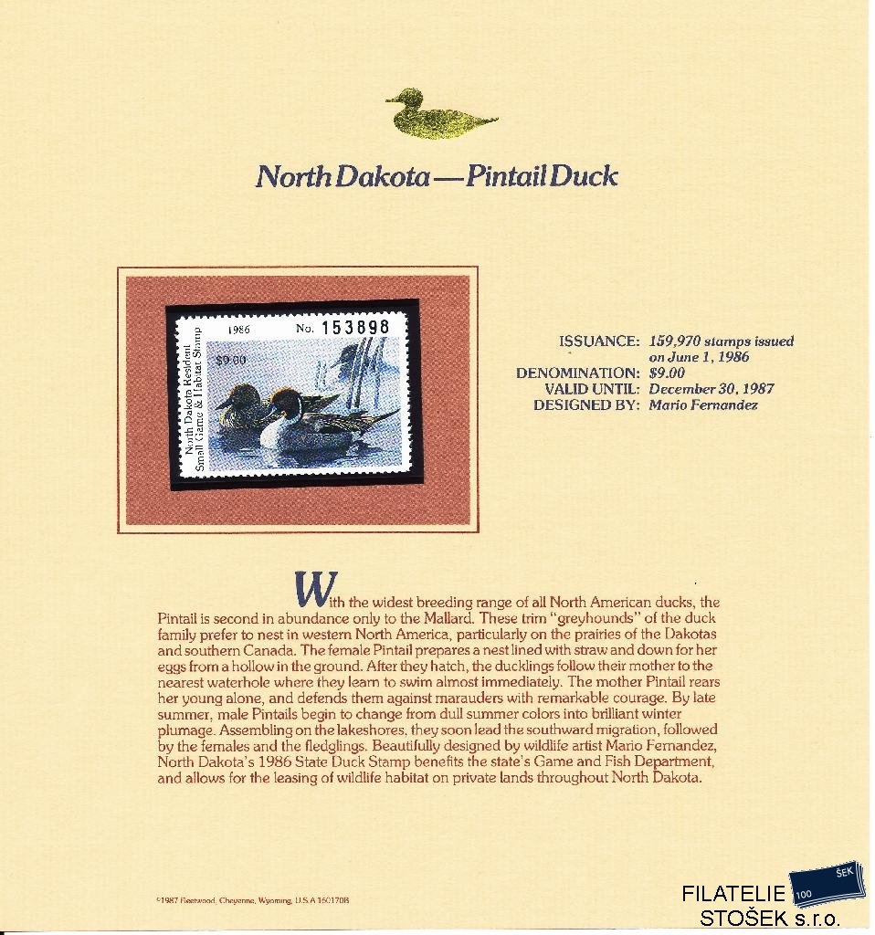 USA známky North Dakota - Pintail Duck