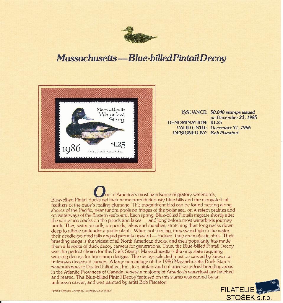 USA známky Massachusetts - Blue-billed Pintail Decoy