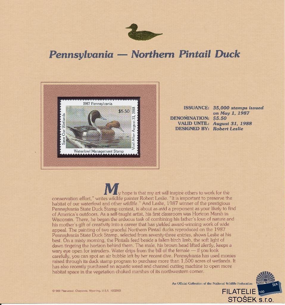 USA známky Pennsylvania - Northern Pintail Duck