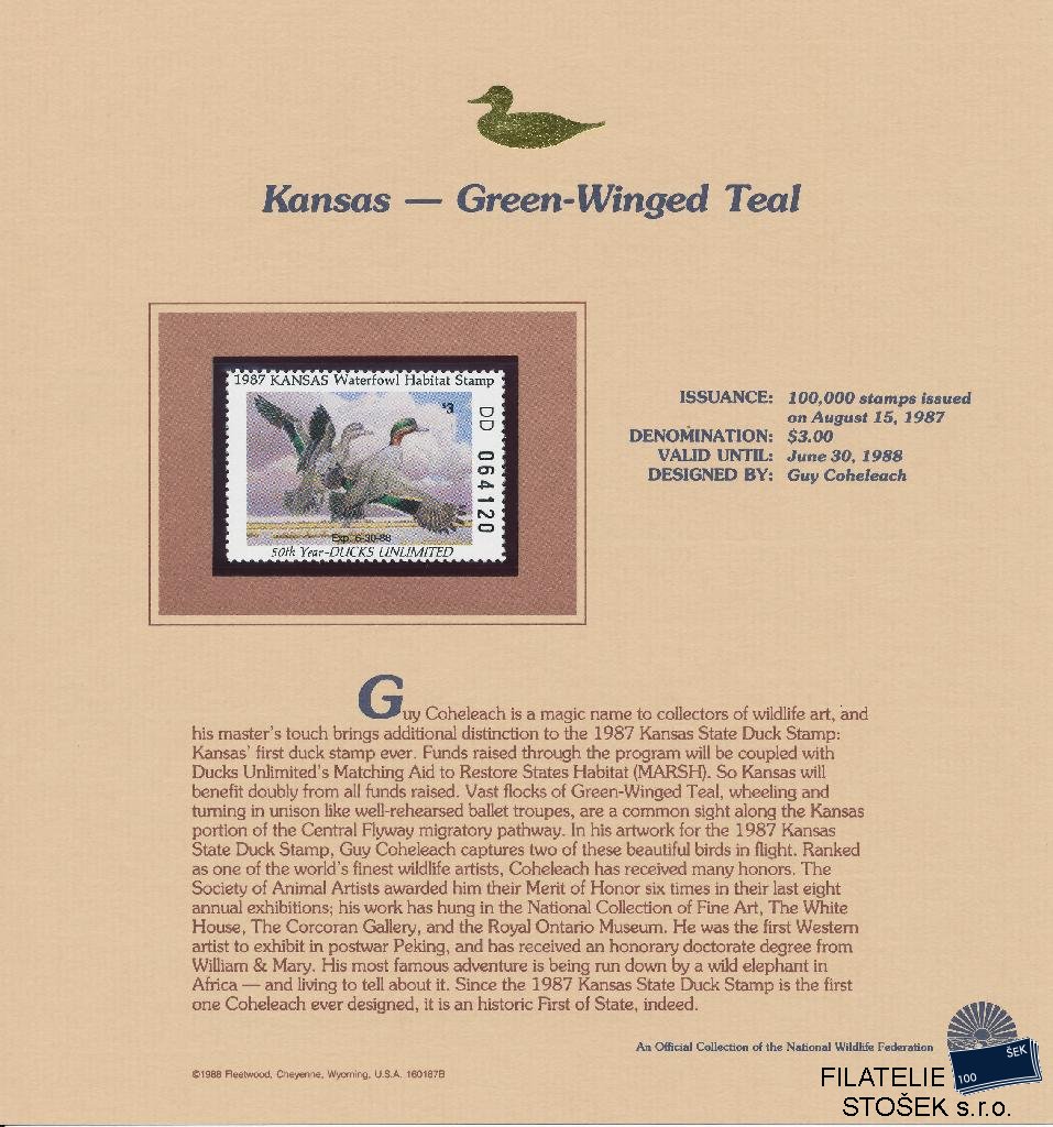 USA známky Kansas - Green-Winged Teal