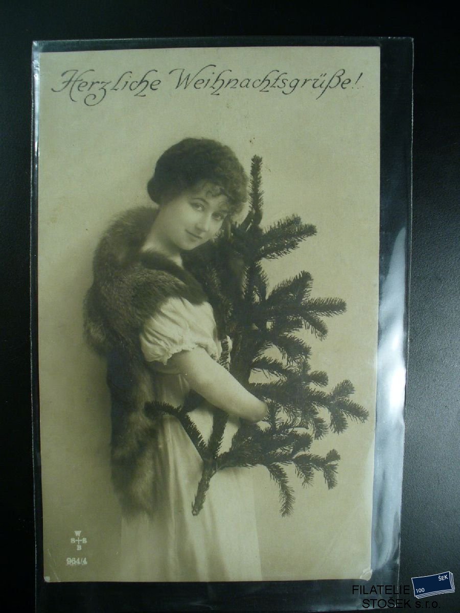 Pohlednice - Mladá žena s vánoční větvičkou