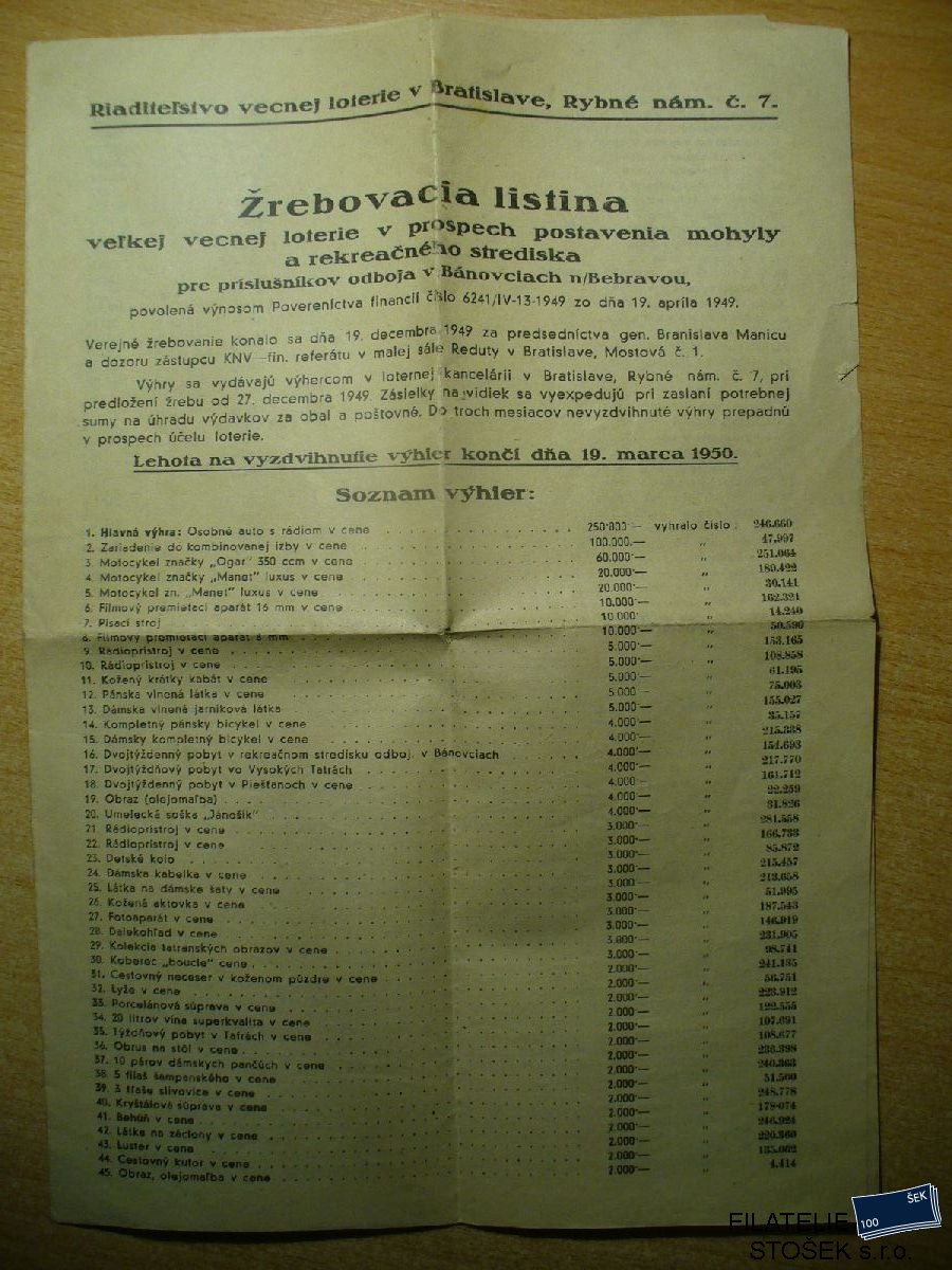 Losovací listina - Bratislava - 1950