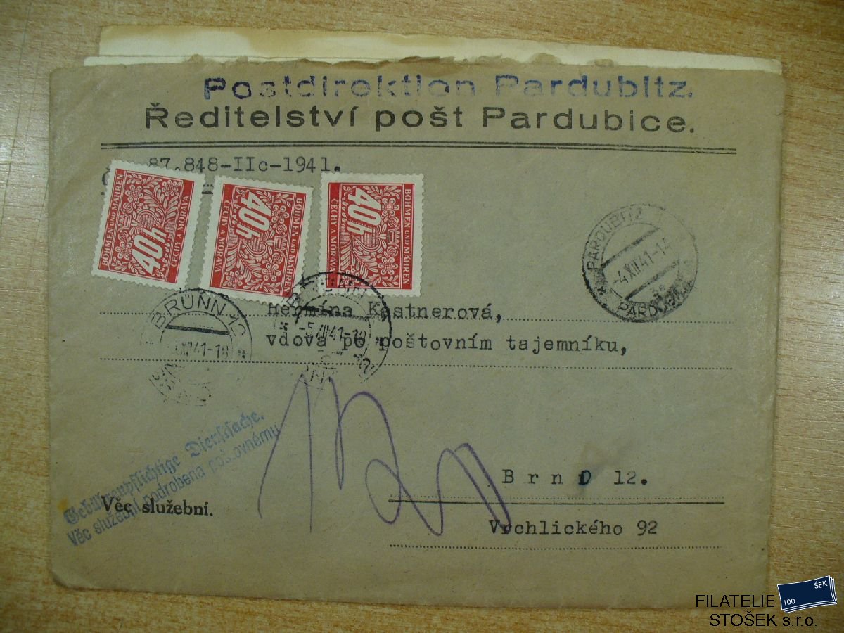 Protektorát celistvost - Doplatní - Pardubitz - Brno - Věc služební podrobena poštovnému