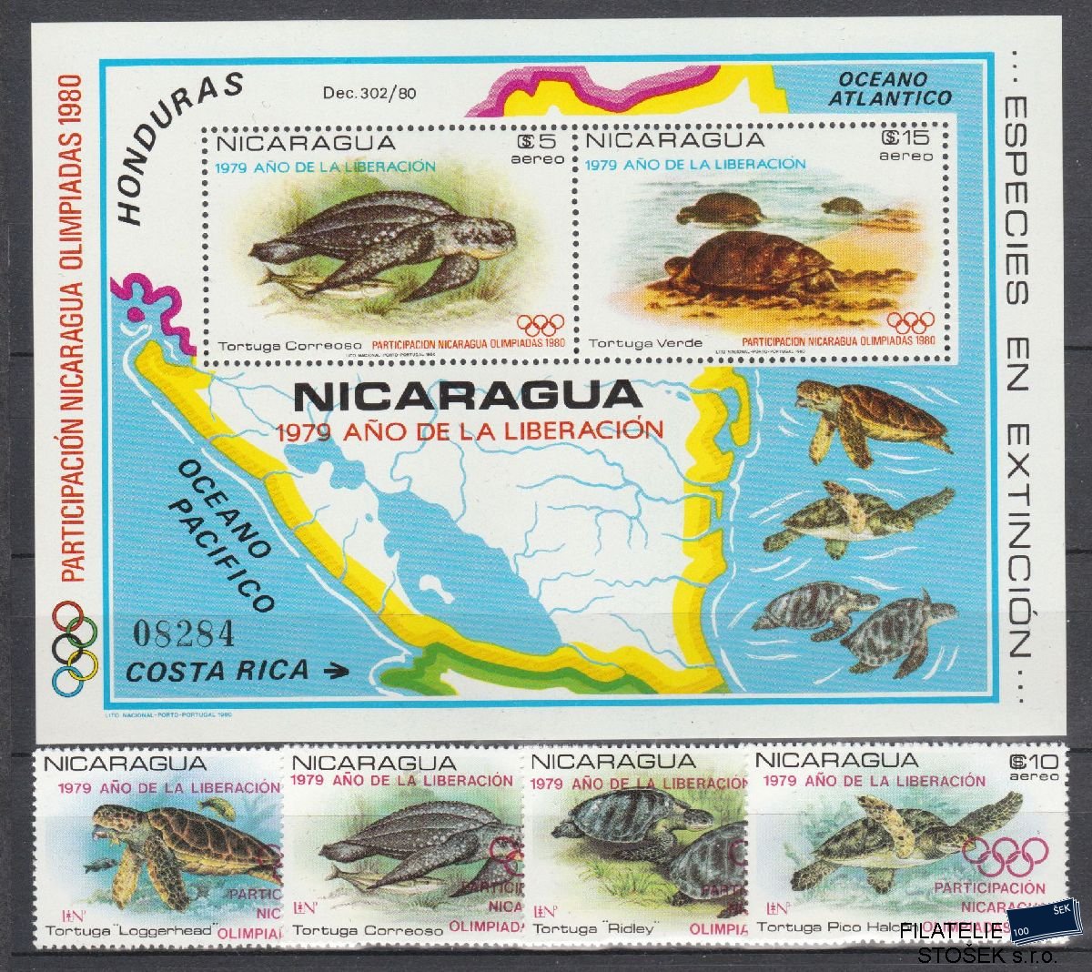 Nikaragua známky Mi 2099-2102 + Bl 114 - Olympijské hry, Želvy