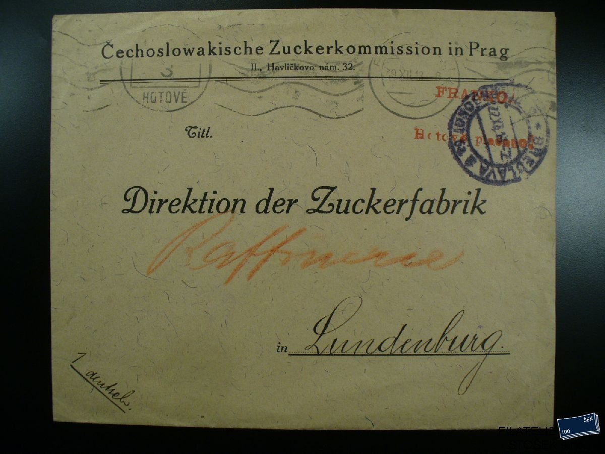 ČSR I celistvost - Praha - Franco 3 Hotově - Lundenburg - Zuckerfabrik - 19.12.1918