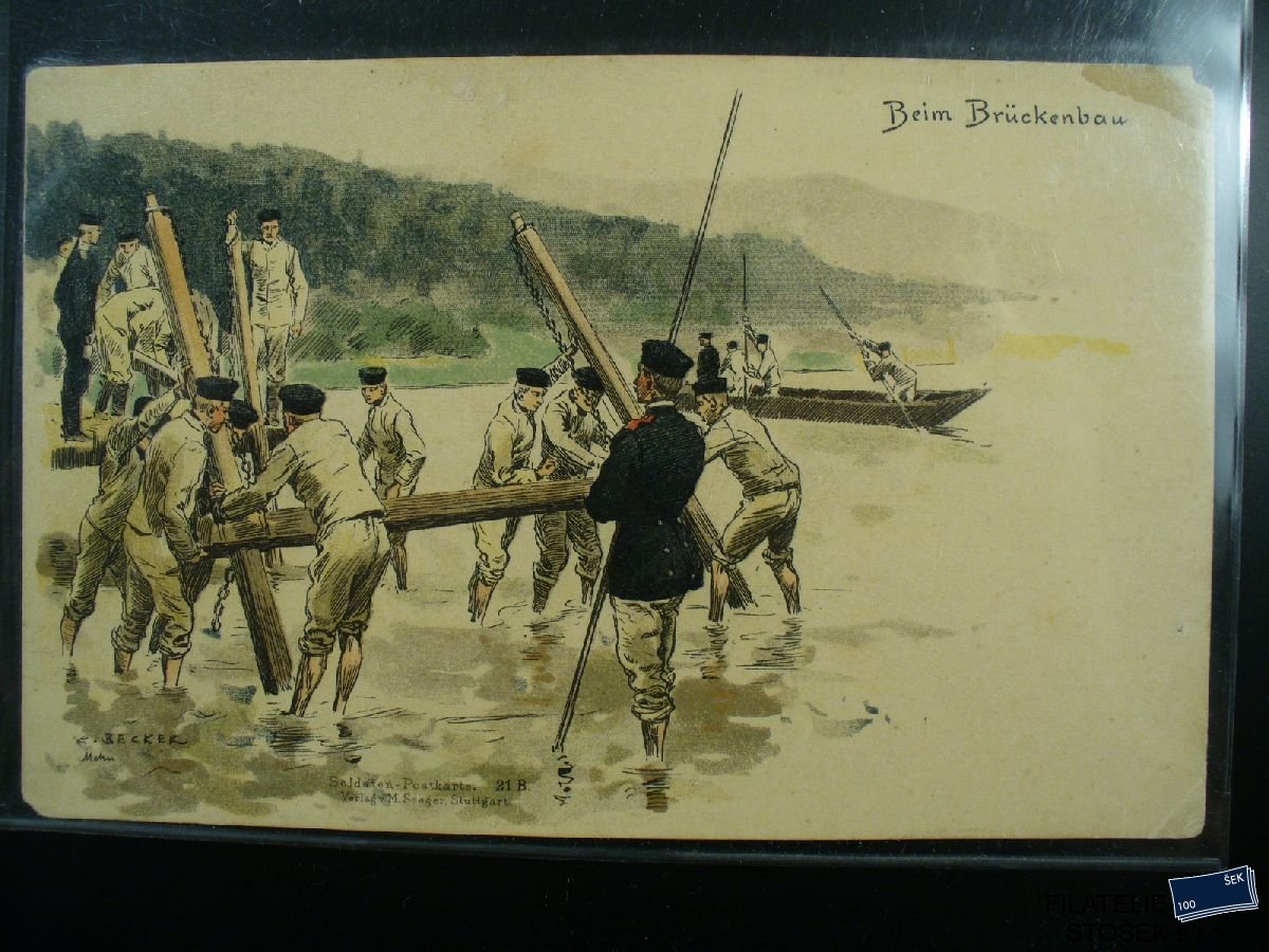 Vojenská pohlednice - Vojáci stavějící most