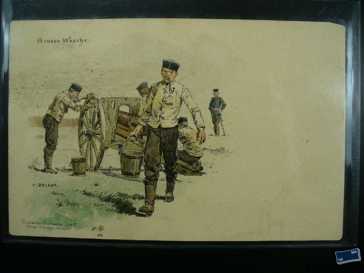 Vojenská pohlednice - Vojáci umývají dělo