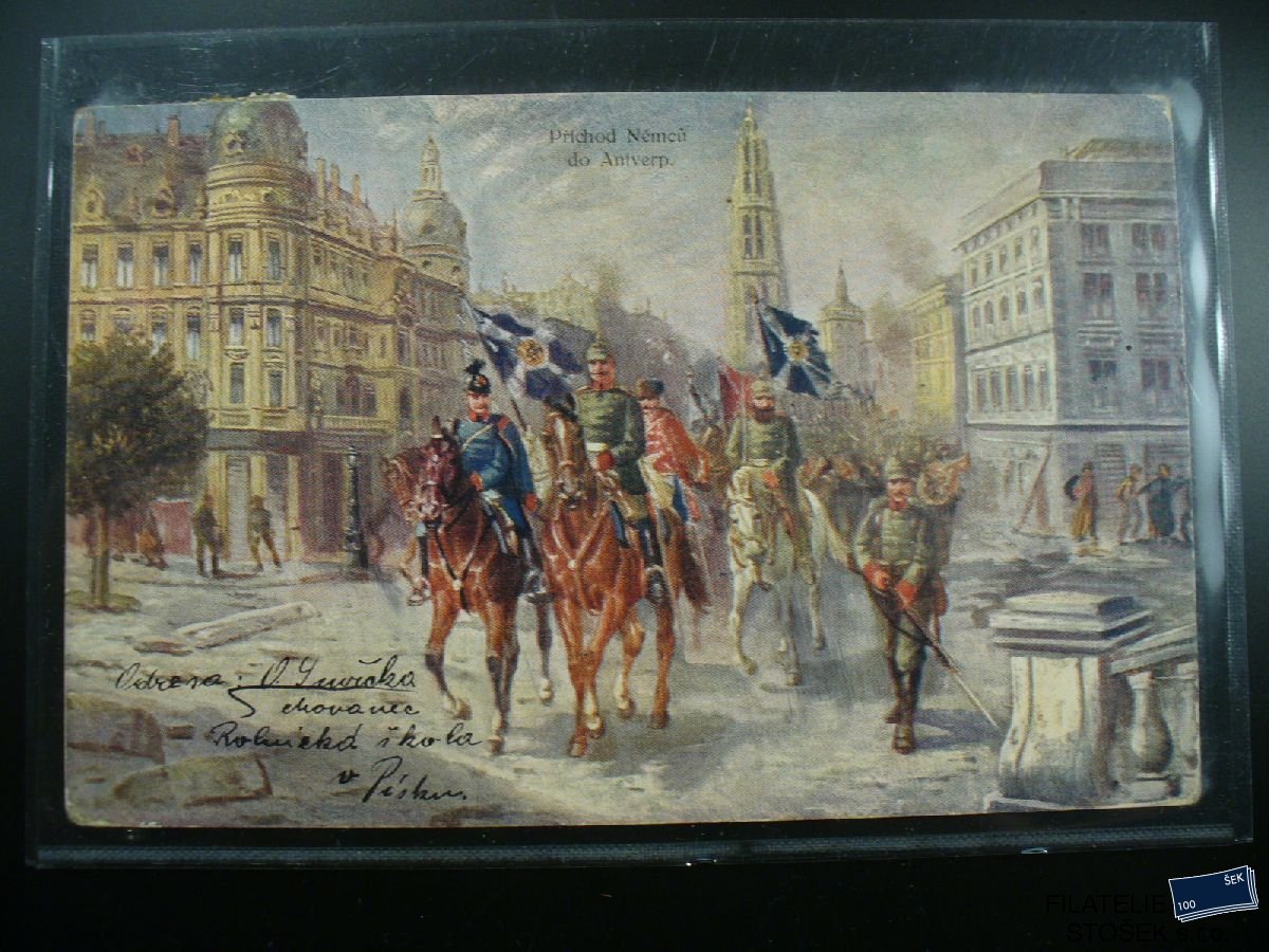 Vojenská pohlednice - Příchod Němců do Antwerp