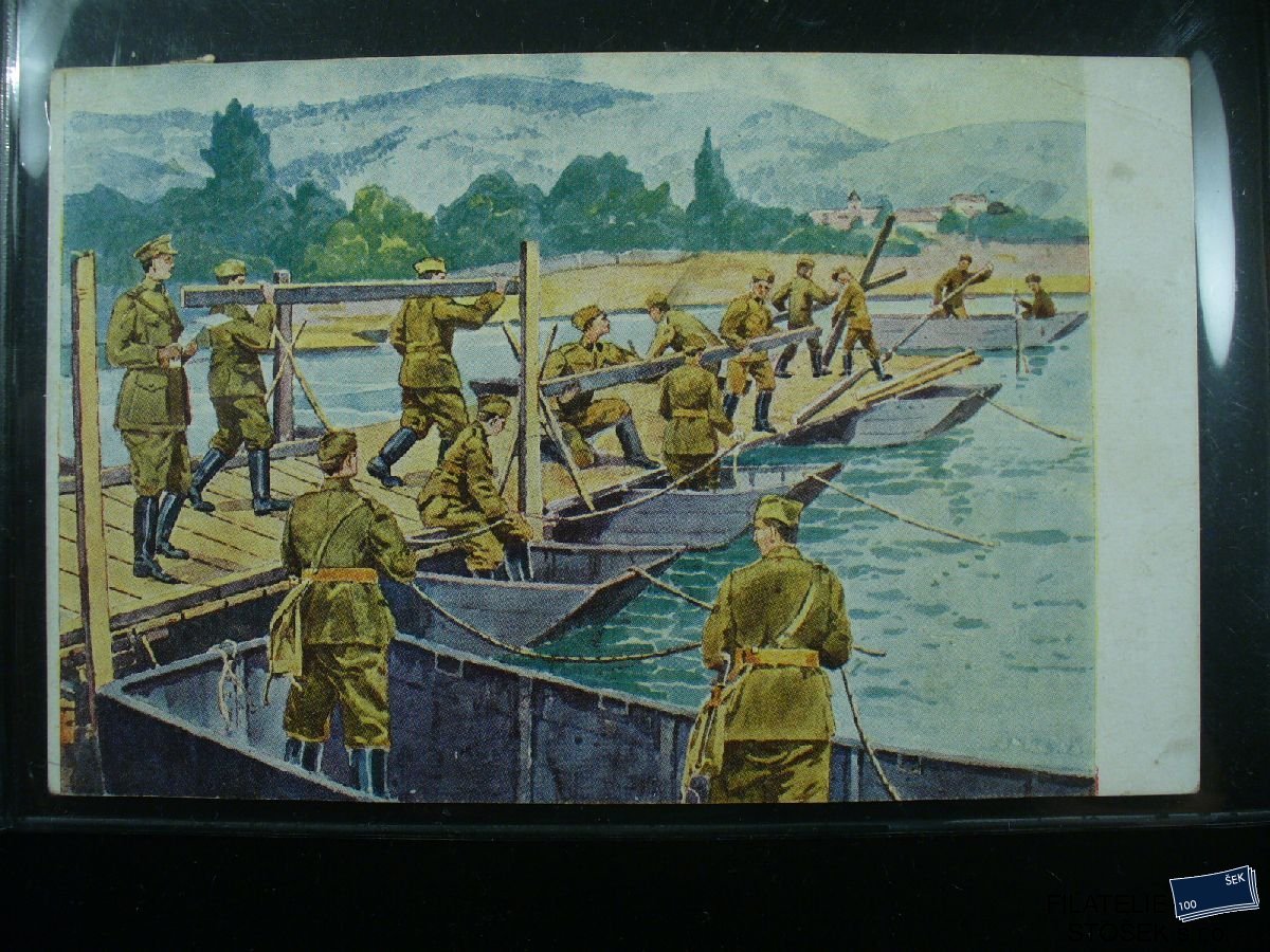 Vojenská pohlednice - čs. armáda - stavba mostu