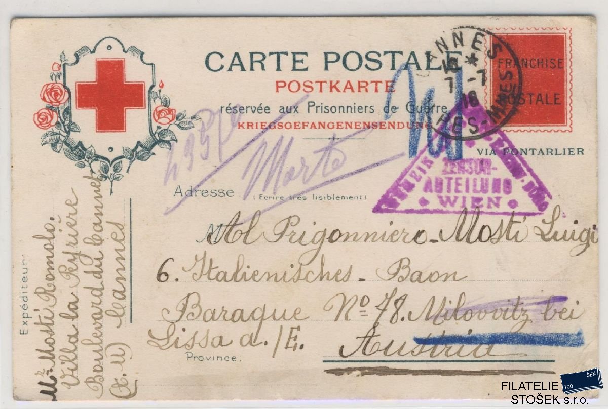 Francie celistvost - Polní pošta - Červený kříž - Cannes - Zajatecká pošta