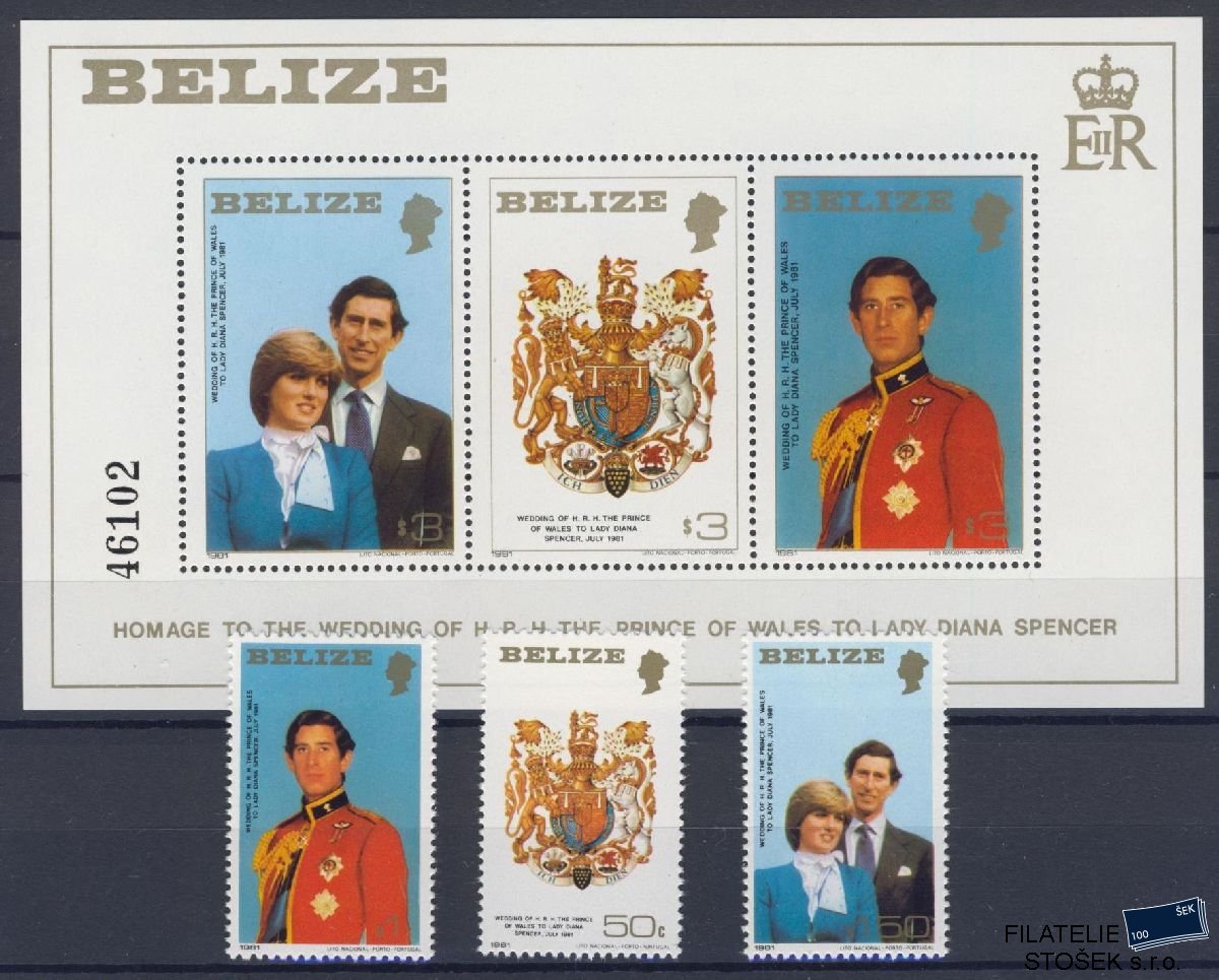Belize známky Mi 554-56 + Bl 32 - Diana